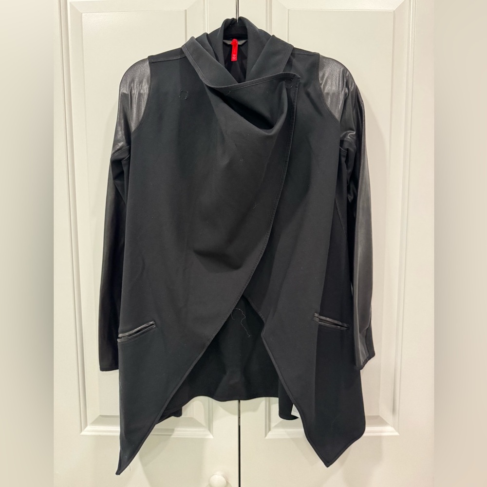 Spanx Black Women's Jacket with faux leather sleeves- size XS.